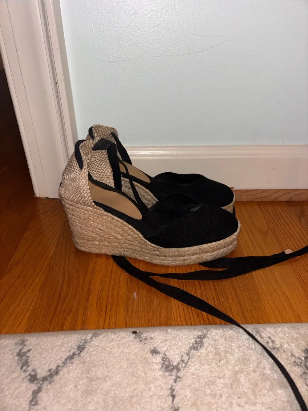 Castaner Black Espadrille Wedge Sandals with Ankle Tie